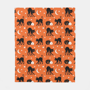 Cute Black Cat Halloween Seamless Pattern Orange Fleece Blanket