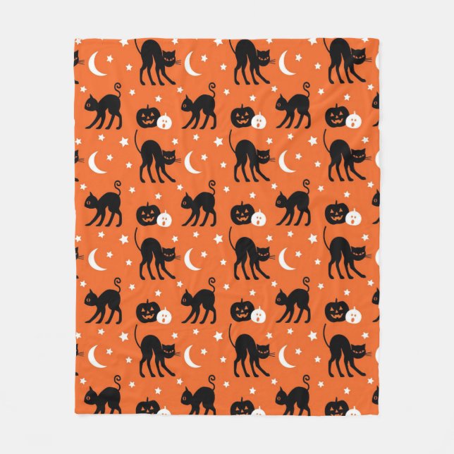 Cute Black Cat Halloween Seamless Pattern | Orange Fleece Blanket (Front)