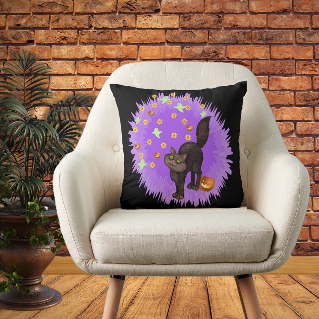 Cute Black Cat Halloween Stars Ghosts Pumpkins Cushion (Halloween black cat purple starburst ghosts, stars pumpkins on black decorative pillow.)