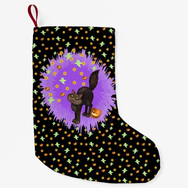 Cute Black Cat Halloween Stars Ghosts Pumpkins Small Christmas Stocking (Front)