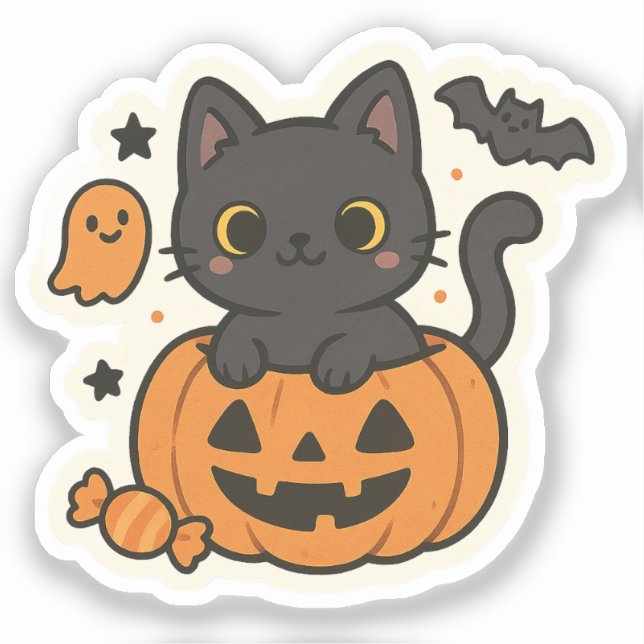 Cute Black Cat Halloween Sticker – Kawaii Pumpkin (Front)