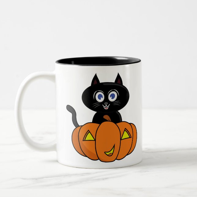 Cute Black Cat Halloween Two-Tone Coffee Mug (Left)
