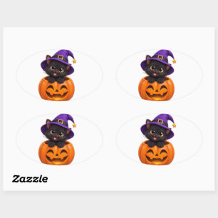 Cute Black Cat Halloween Witch Pumpkin Sticker She