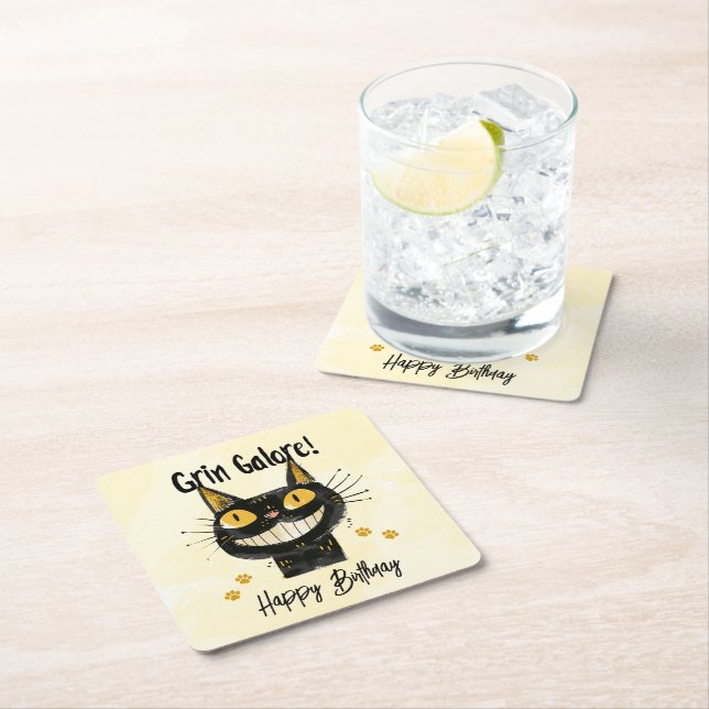 Cute Black Cat Happy Birthday Square Paper Coaster (Insitu)