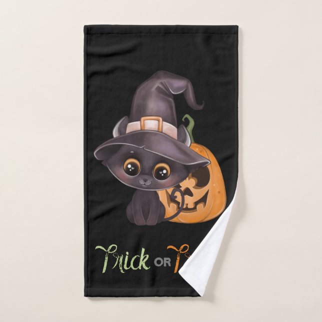 Cute black cat Happy Halloween carved pumpkin Hand Towel (Hand Towel)