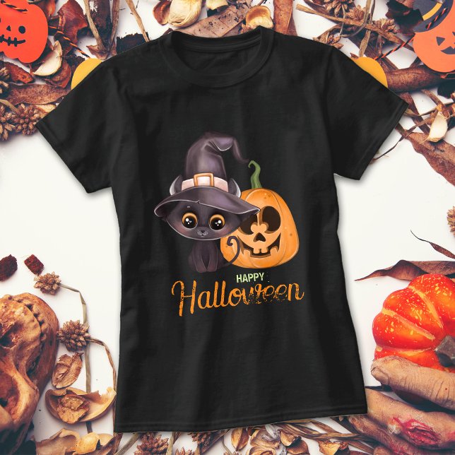 Cute black cat Happy Halloween carved pumpkin T-Shirt (Creator Uploaded)