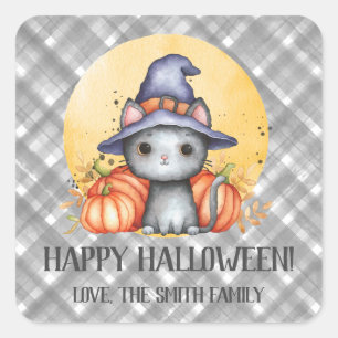 Cute Black Cat Happy Halloween Square Sticker