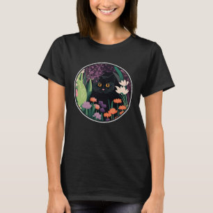 Cute Black Cat Hiding in Spring Flowers Aesthetic T-Shirt