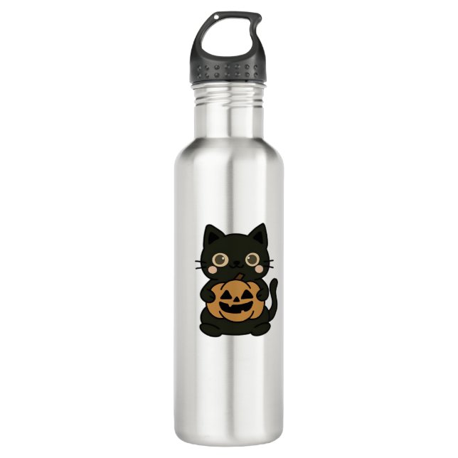 Cute Black Cat Holding Jack O Lantern Pumpkin – Ka 710 Ml Water Bottle (Front)