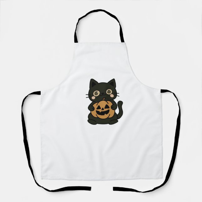 Cute Black Cat Holding Jack O Lantern Pumpkin – Ka Apron (Front)