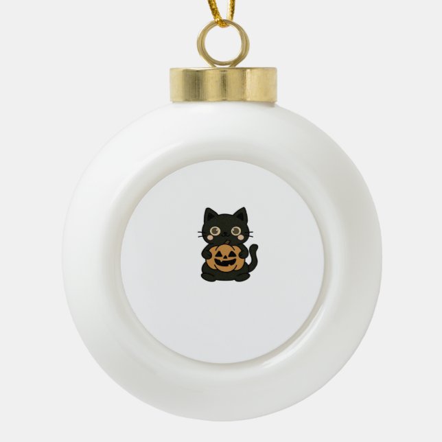 Cute Black Cat Holding Jack O Lantern Pumpkin – Ka Ceramic Ball Christmas Ornament (Front)