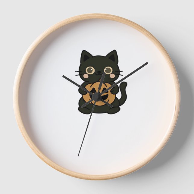 Cute Black Cat Holding Jack O Lantern Pumpkin – Ka Clock (Front)