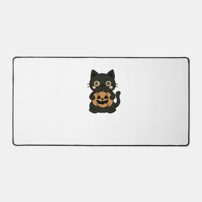 Cute Black Cat Holding Jack O Lantern Pumpkin – Ka Desk Mat (Front)