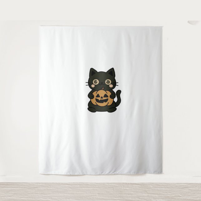Cute Black Cat Holding Jack O Lantern Pumpkin – Ka Tapestry (Front)