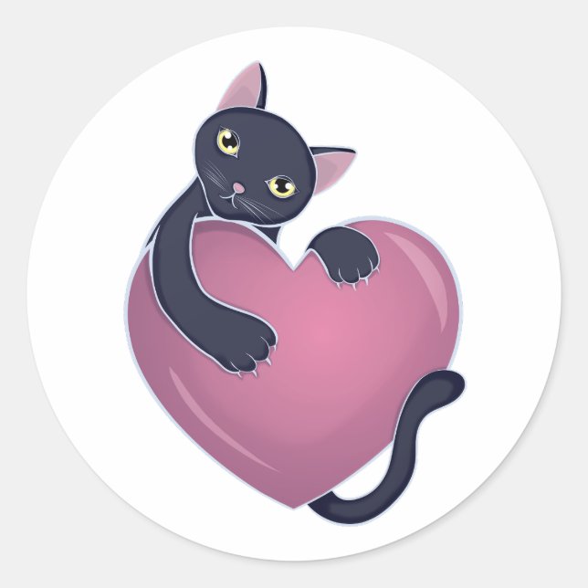 Cute Black Cat Holding onto Big Heart Classic Round Sticker (Front)