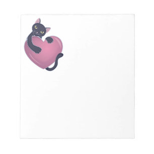 Cute Black Cat Holding onto Big Heart Notepad