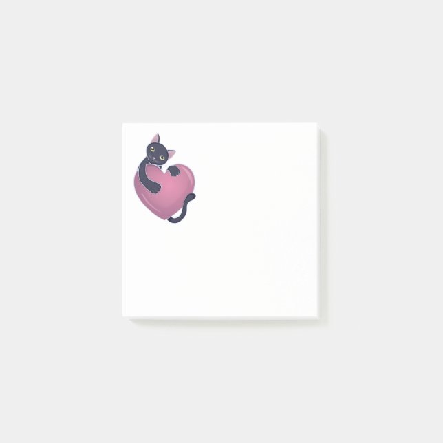 Cute Black Cat Holding onto Big Heart Post-it Notes (Front)