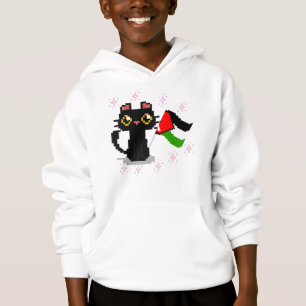 cute black cat holds Palestine flag 