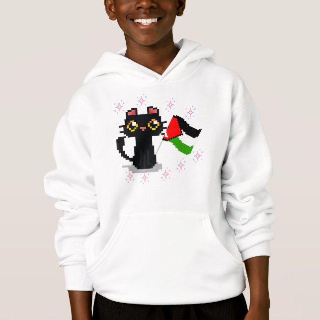 cute black cat holds Palestine flag  (Front)