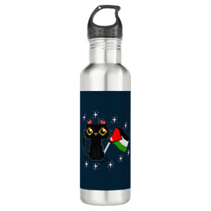 cute black cat holds Palestine flag 710 Ml Water Bottle