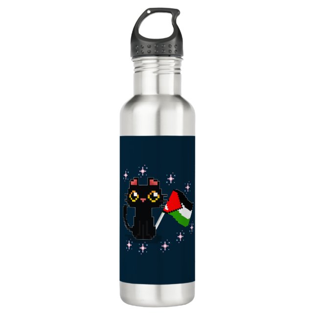 cute black cat holds Palestine flag 710 Ml Water Bottle (Front)