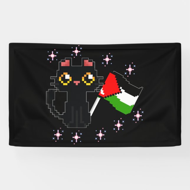 cute black cat holds Palestine flag Banner (Horizontal)