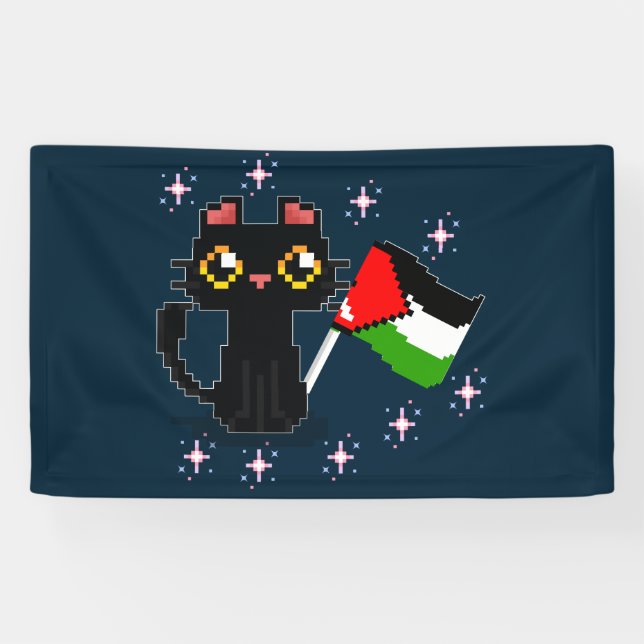 cute black cat holds Palestine flag Banner (Horizontal)