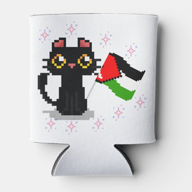 cute black cat holds Palestine flag Can Cooler (Front)