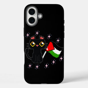 cute black cat holds Palestine flag iPhone 16 Plus Case