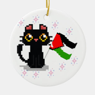 cute black cat holds Palestine flag Ceramic Tree Decoration