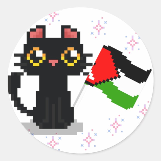 cute black cat holds Palestine flag Classic Round Sticker (Front)