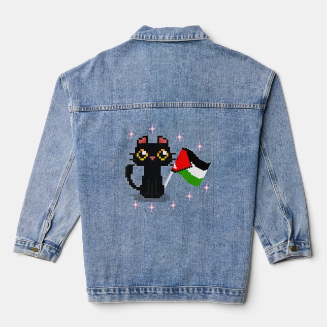 cute black cat holds Palestine flag  Denim Jacket (Back)