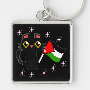 cute black cat holds Palestine flag Key Ring