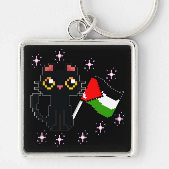cute black cat holds Palestine flag Key Ring (Front)