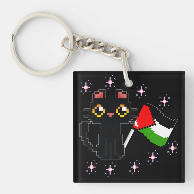 cute black cat holds Palestine flag Key Ring (Front)