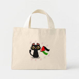 cute black cat holds Palestine flag Mini Tote Bag