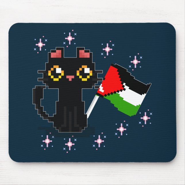 cute black cat holds Palestine flag Mouse Mat (Front)