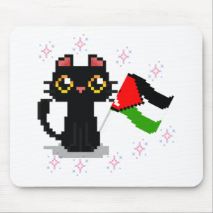 cute black cat holds Palestine flag Mouse Mat