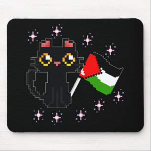 cute black cat holds Palestine flag Mouse Mat