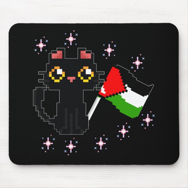 cute black cat holds Palestine flag Mouse Mat (Front)