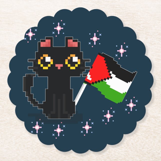cute black cat holds Palestine flag Paper Coaster (Front)