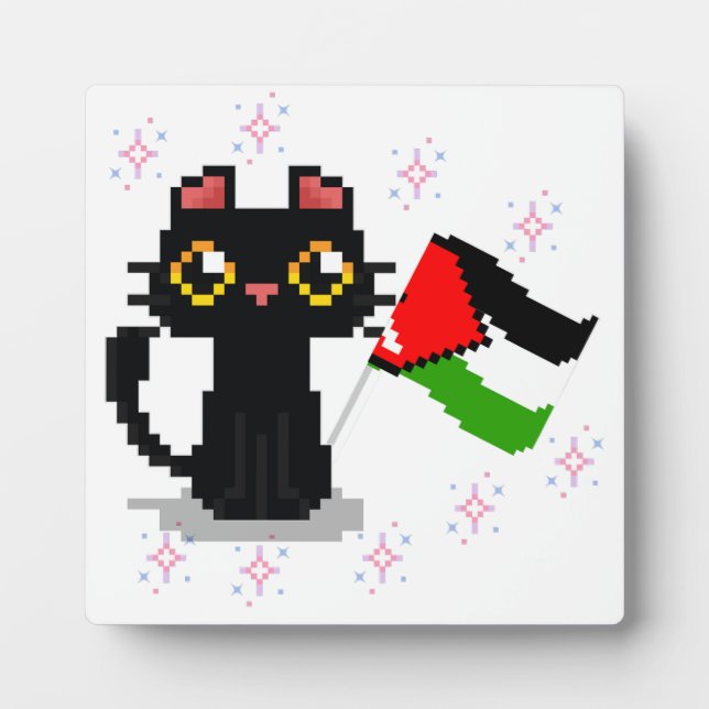 cute black cat holds Palestine flag Plaque (Front)
