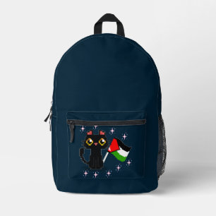 cute black cat holds Palestine flag  Printed Backpack