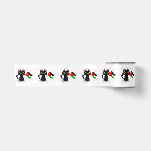 cute black cat holds Palestine flag Satin Ribbon