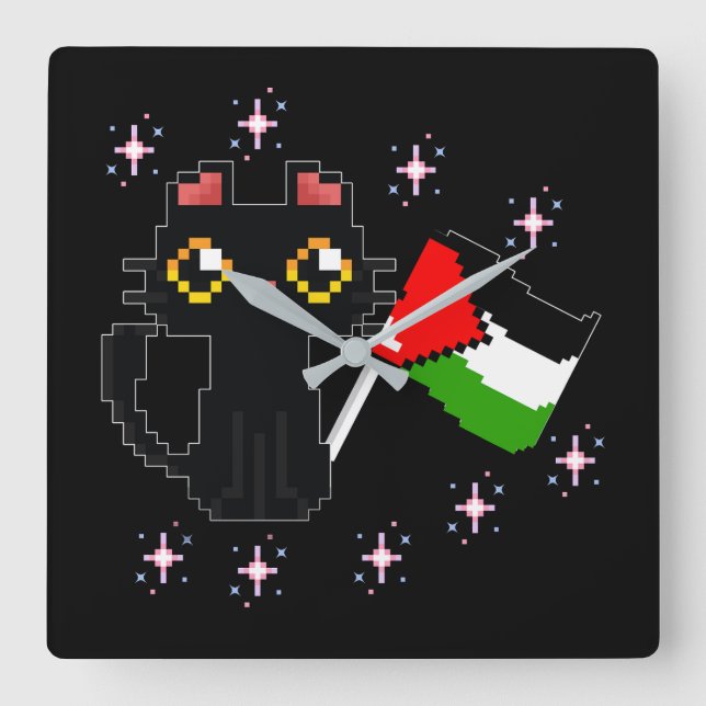 cute black cat holds Palestine flag Square Wall Clock (Front)