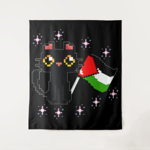 cute black cat holds Palestine flag Tapestry