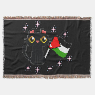 cute black cat holds Palestine flag Throw Blanket