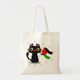 cute black cat holds Palestine flag Tote Bag
