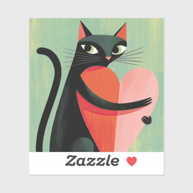 Cute Black Cat Hugging Heart Sage Green (Sheet)
