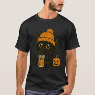 Cute Black Cat Iced Coffee Funny Ice Coffee Hallow T-Shirt